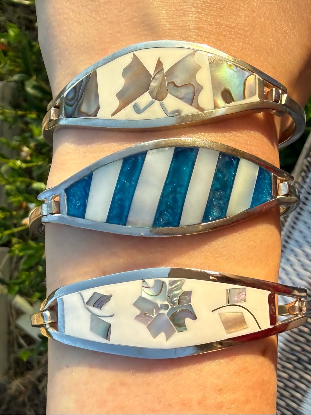 Mexican silver hinge Inlay Shell Bangle Bracelets - Picture 2 of 5